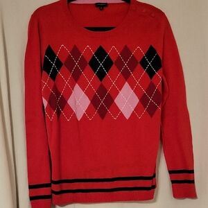 Talbots Claiborne Red Argyle Knit Cotton Sweater